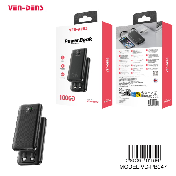 Ven-Dens PB-047 37Wh 10000mAh 2IN1 Built in Charging Cables Power Bank