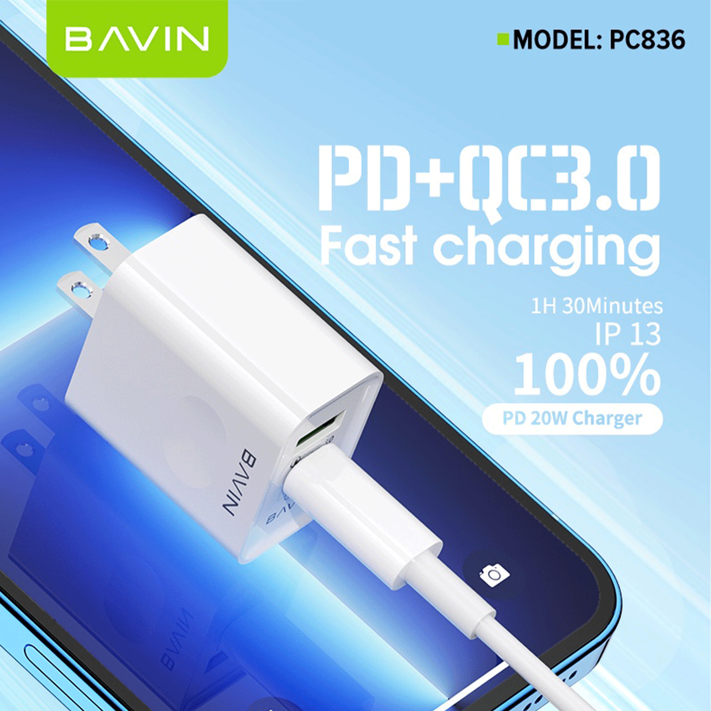 Bavin PC836 20W PD + Qualcomm3.0 Fast Charging Dual Port Adaptor