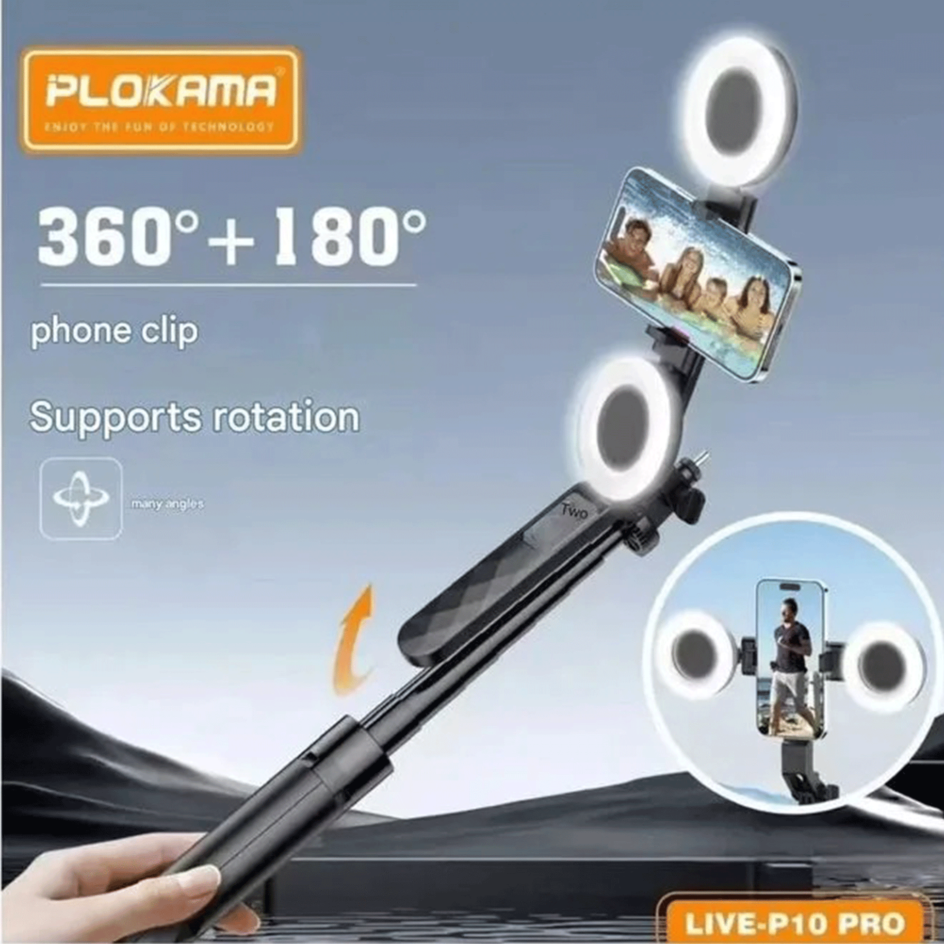 Plokama Live-P10 Pro Selfie Stick Tripod with LED Lights