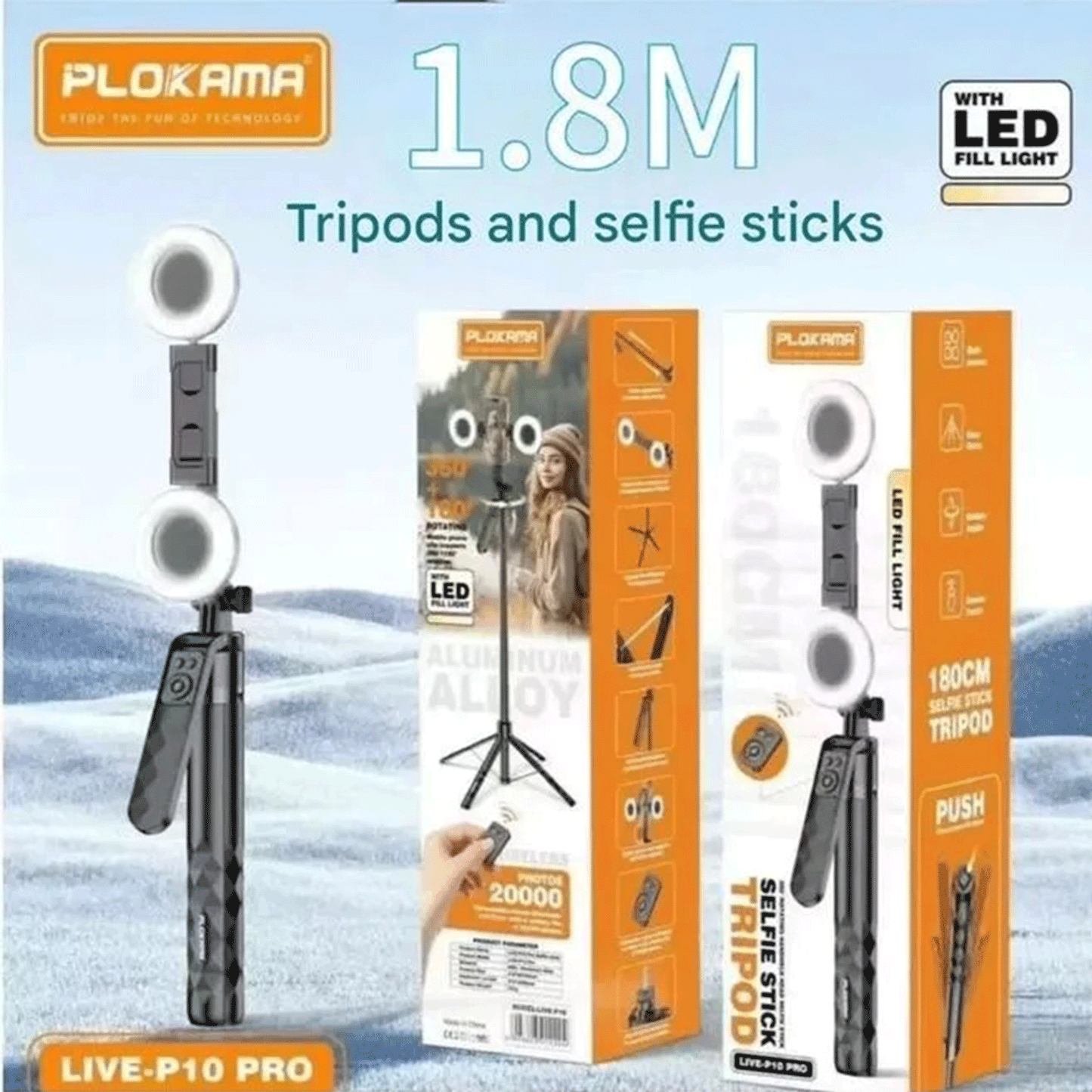Plokama Live-P10 Pro Selfie Stick Tripod with LED Lights