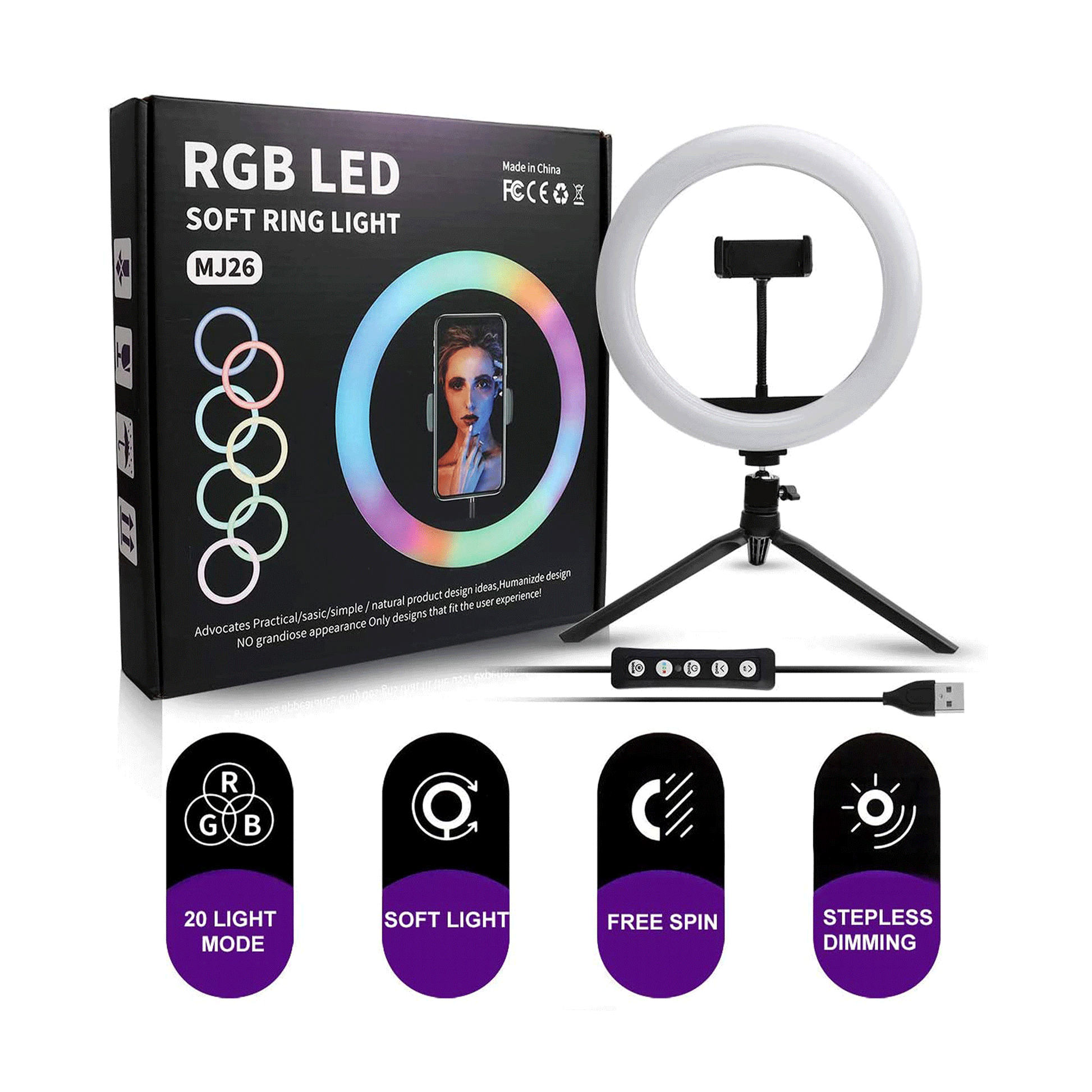 RGB LED Ring Light MJ33 33cm 13-inch with Phone Clip and 7ft stand